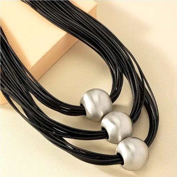Multilayer Silver Black Ball Statement Necklace - Picture 7 of 9
